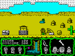 Cosmic Relief: Prof. Renegade to the Rescue (ZX Spectrum) screenshot: A well, with a underground world below. I don't know what this tubular entities are, but surely they're unpredictable.