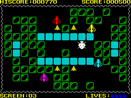 Push Off (ZX Spectrum) screenshot: Level 3 - They do seem like moths... ahh... not sure on this one too... Heeelp!!! Gimme my rightful phone caall!