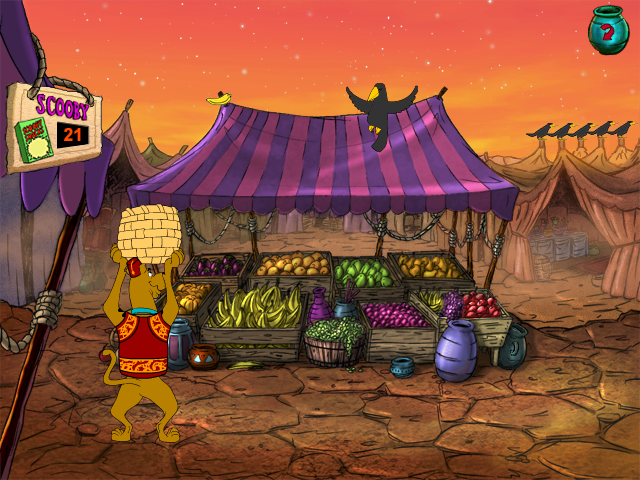 Scooby-Doo!: Jinx at the Sphinx (Windows) screenshot: The Dog in the Red Fez... ;) Scooby must collect as many fruits as he can. (I thought Scooby Snacks were... dog biscuits or something?...)