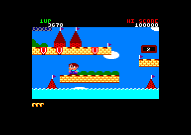 Rainbow Islands (Amstrad CPC) screenshot: Hurry up, or the level will flood