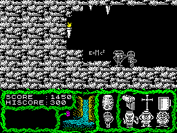 Cosmic Relief: Prof. Renegade to the Rescue (ZX Spectrum) screenshot: Depending on the nationality of the character there's a idiosyncratic task related to the picking of the <b>secret formula</b>. For the German guy, the traditional social act of drinking beer.