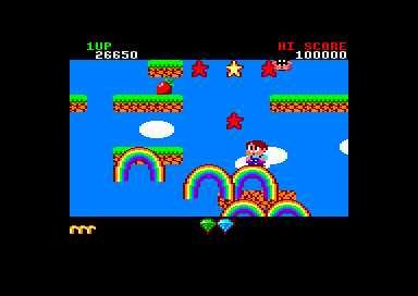 Rainbow Islands (Amstrad CPC) screenshot: With more points earned, you can shoot more than one rainbow