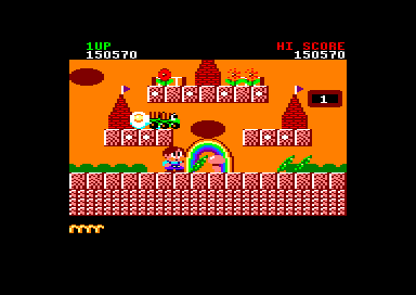 Rainbow Islands (Amstrad CPC) screenshot: One of the levels in Combat Island