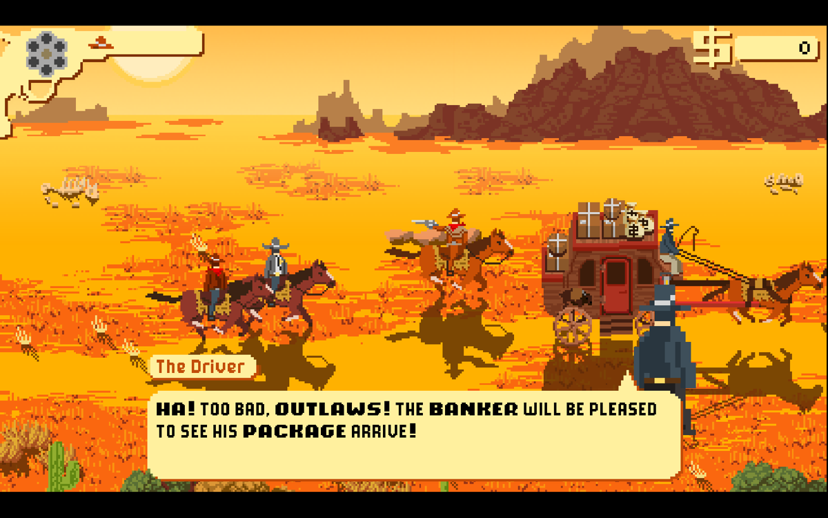 Westerado: Double Barreled (Windows) screenshot: A side-scrolling section where you need to protect a delivery.