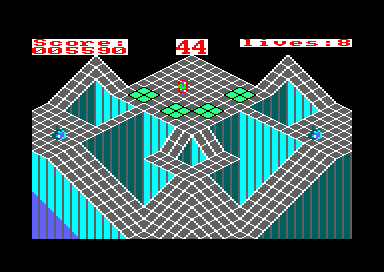 Gyroscope (Amstrad CPC) screenshot: Level 7 start, a nightmare. Very hard to cross the green tiles without falling behind.