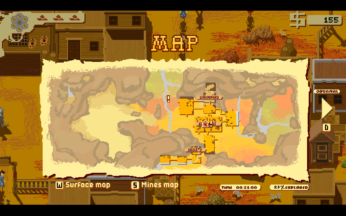 Westerado: Double Barreled (Windows) screenshot: Parts of the map are revealed gradually. Exclamation points act as quest markers.