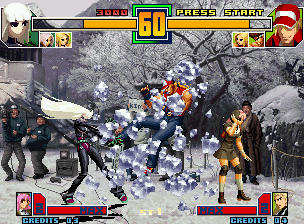 The King of Fighters 2001 (Neo Geo) screenshot: After some time, Terry Bogard escapes (damaged, of course!) from Kula's closing move Ice Coffin...