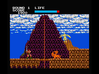 Rastan (MSX) screenshot: Climb down the rope or slaughter the angel and the lion