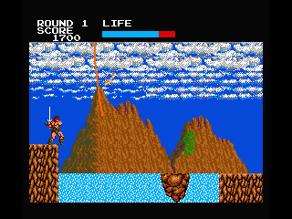 Rastan (MSX) screenshot: Use the rope to cross the water