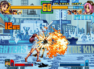 The King of Fighters 2001 (Neo Geo) screenshot: Athena Asamiya's SDM Psychic 9 second ending: her old-skool armor costume (Fire Sword Finish).