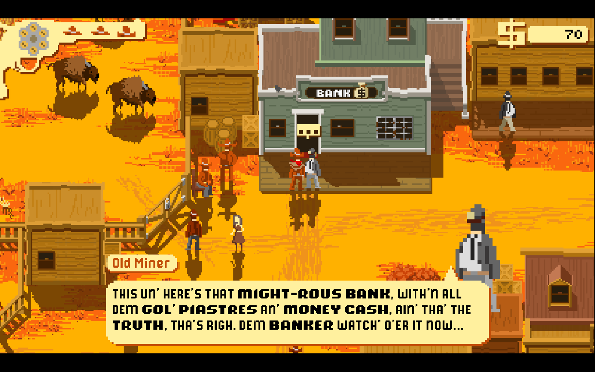 Westerado: Double Barreled (Windows) screenshot: Outside the bank, talking to a character that guides you around Clintville.