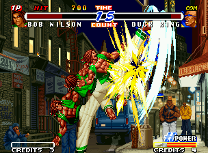 Real Bout Fatal Fury 2: The Newcomers (Neo Geo) screenshot: Bob Wilson's hyper move Mad Spin Wolf: "thousands of kicks" smashing Duck King's remaining energy...