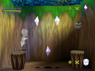 Casper: Friends Around the World (PlayStation) screenshot: Casper bouncing on drums.