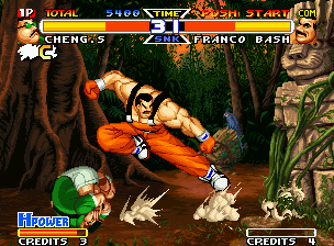 Real Bout Fatal Fury Special (Neo Geo) screenshot: Cheng makes his Ground Roll (with C Button), frustrating Bash's chances of hit him with an air kick.