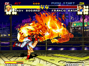 Real Bout Fatal Fury (Neo Geo) screenshot: Andy's Yami Abise Geri was very accurate, allowing to cause a "burning status" in Franco Bash!