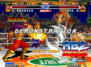 Real Bout Fatal Fury 2: The Newcomers (Neo Geo) screenshot: Demonstration mode: in a full arena, Krauser's Blitz Ball and Joe's Hurricane Upper rules the fight!