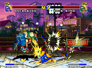 Real Bout Fatal Fury (Neo Geo) screenshot: Demonstration mode: Duck King applies the dancing-hitting super move Break Spiral in his alter-ego.