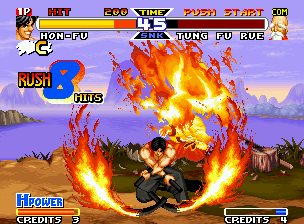 Real Bout Fatal Fury Special (Neo Geo) screenshot: Tung's offensive was intercepted by Hon-Fu's Honou no Taneuma, making a hotting-burning 8-hit combo.