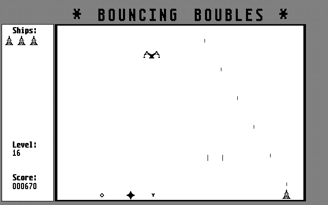 Bouncing Boubles (Atari ST) screenshot: Touching the mine explosions is an instant death -- so those multiple mines really block a wide range on the ground