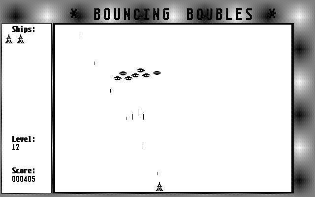 Bouncing Boubles (Atari ST) screenshot: The third enemy type consists of many smaller ships. If does not bounce, but fires a laser weapon if above the player