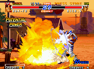 Real Bout Fatal Fury 2: The Newcomers (Neo Geo) screenshot: Using a lucky moment, Rick has found a opportunity to block Hon-Fu's hyper move Storm In Gadentsa.