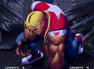 Real Bout Fatal Fury Special (Neo Geo) screenshot: Introduction frame  Terry Bogard being knocked-out by Wolfgang Krauser in a tough and mortal fight.