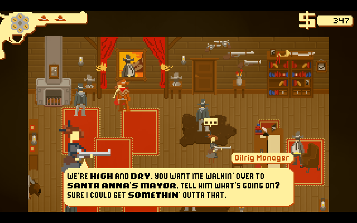 Westerado: Double Barreled (Windows) screenshot: Overhearing a conversation at the oil tycoon.