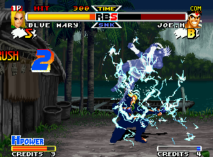 Real Bout Fatal Fury Special (Neo Geo) screenshot: Mary makes a shocking smash in Joe's nervous system with her Stun Slice (made after Straight Slice).