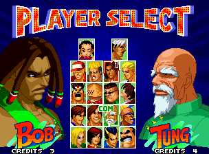Real Bout Fatal Fury 2: The Newcomers (Neo Geo) screenshot: Now, select the first opponent to battle (why didn't write "Enemy Select"?).