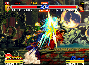 Real Bout Fatal Fury 2: The Newcomers (Neo Geo) screenshot: After using the hyper move M. Power, Blue Mary can use some extra moves, like her Vertical Arrow.