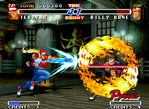 Real Bout Fatal Fury 2: The Newcomers (Neo Geo) screenshot: Impossible mission for Terry: stop Billy's Flame Whirlwind Pole using only a simple Burn Knuckle...