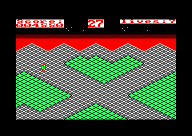 Gyroscope (Amstrad CPC) screenshot: Level 6 start. The green tiles are directional, you cross them only in one direction.