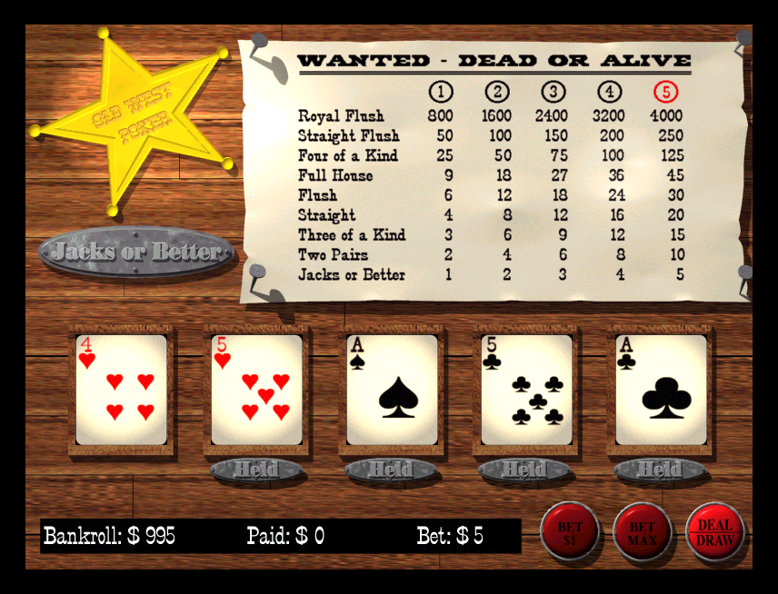 Old West Poker (Windows) screenshot: The first deal and the player has two pairs<br>By default this game auto holds winning hands though this option can be turned off