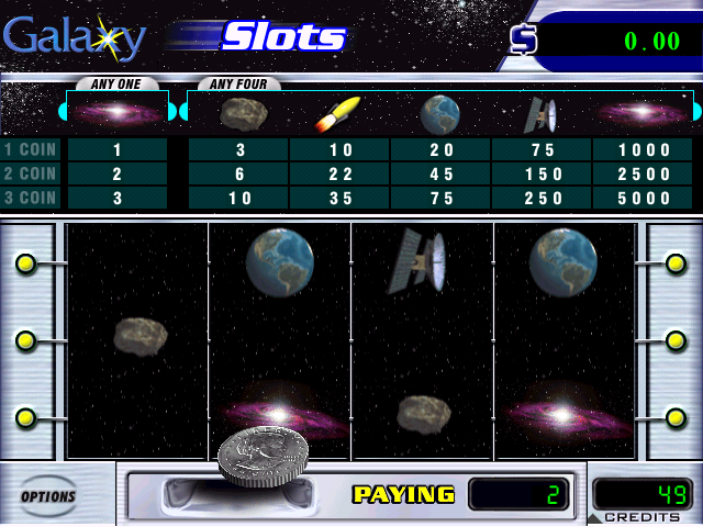 Galaxy Slots (Windows) screenshot: A winning line is accompanied by the machine paying out coins which tumble towards the player