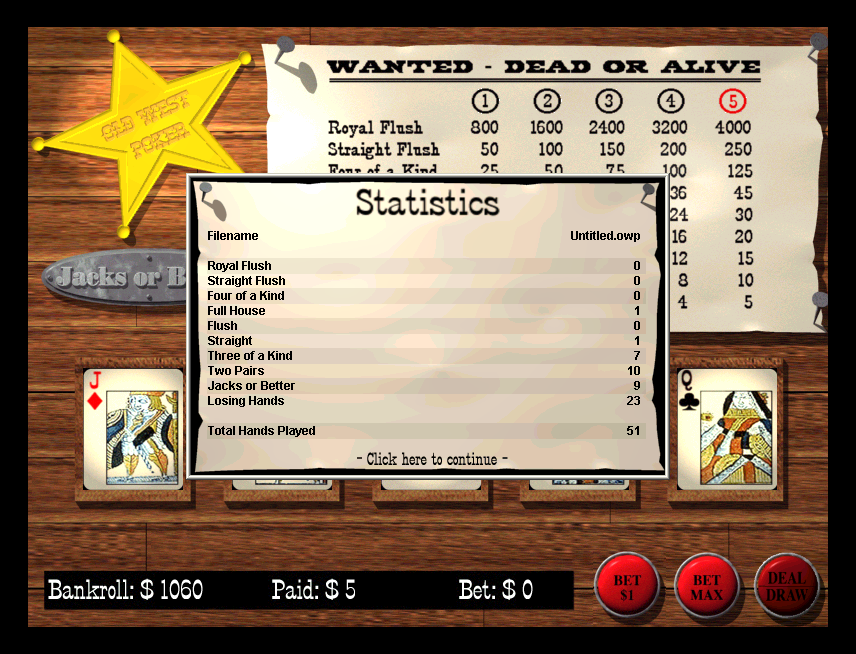 Old West Poker (Windows) screenshot: The in-game statistics screen