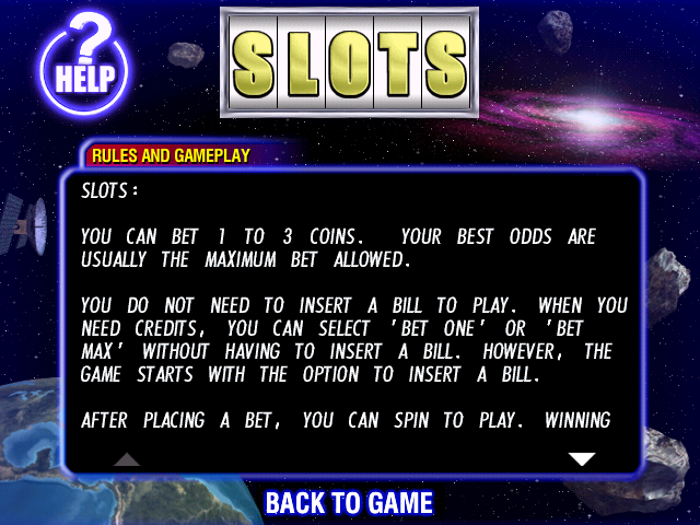 Galaxy Slots (Windows) screenshot: The first screen of the game's scrollable, in-game, help file