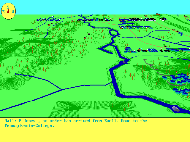 Gettysburg (DOS) screenshot: Go pickup some pens at the college, I hear they are mightier than swords.