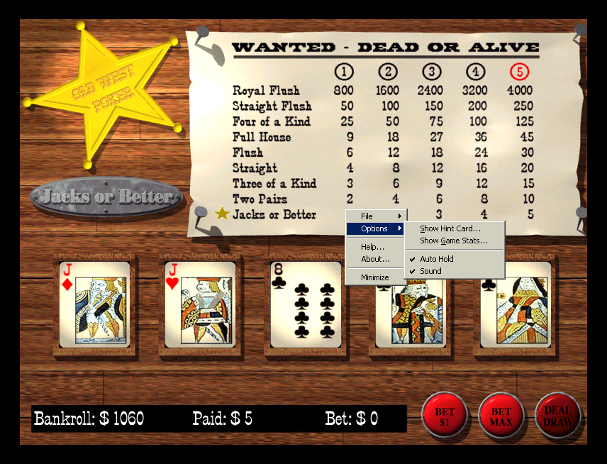 Old West Poker (Windows) screenshot: Pressing F1 brings up the game configuration menu