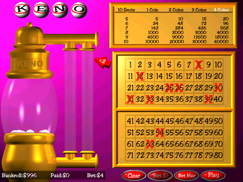 Keno (Windows) screenshot: The player puts their crosses on the Keno cards