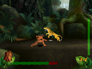 Disney's Tarzan (PlayStation) screenshot: Tarzan fighting a leopard.