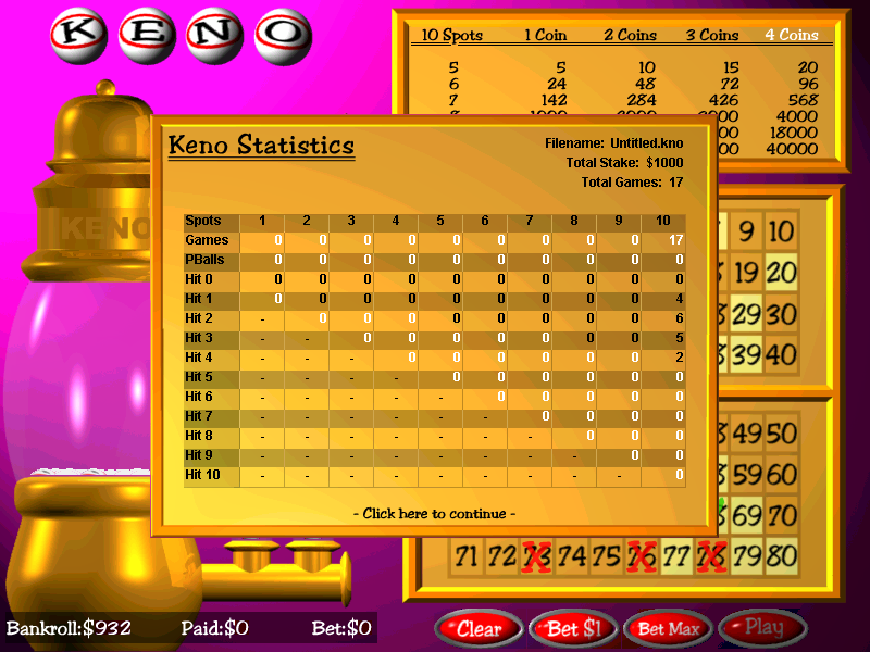 Keno (Windows) screenshot: The in-game statistics