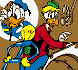 Disney's Donald Duck: Goin' Quackers (Game Boy Color) screenshot: Intro: Donald calls his buddy Gyro for help.