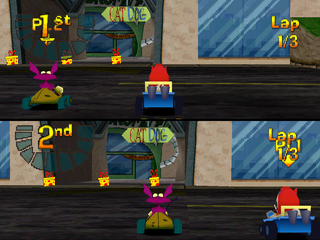 Nicktoons Racing (PlayStation) screenshot: Two-players versus mode