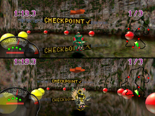 Jet Moto (PlayStation) screenshot: Two players reaching the checkpoint.