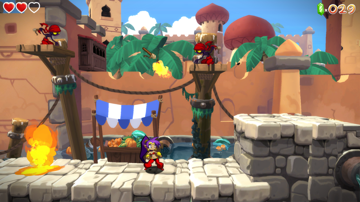 Shantae: Half-Genie Hero Demo (Windows) screenshot: The out-of-reach Tinkerbats throw torches.