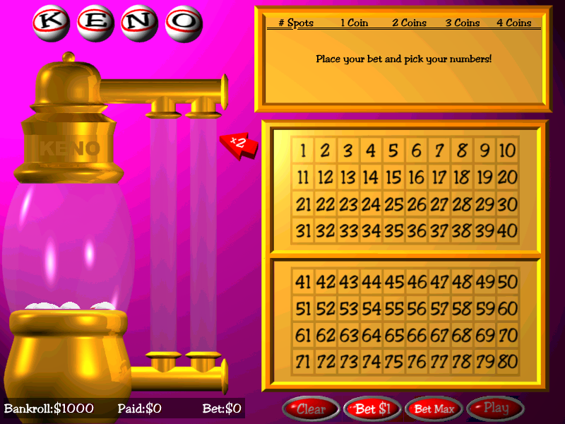 Keno (Windows) screenshot: The initial game screen before the game begins
