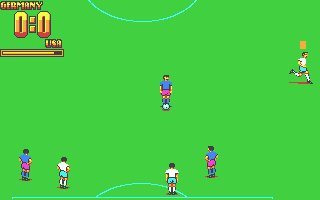 Rick Davis's World Trophy Soccer (Atari ST) screenshot: The US approach the goal