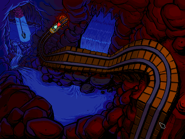 Pajama Sam: No Need to Hide When It's Dark Outside (Windows) screenshot: Parts of the mine track go outside of the mine - here Sam & King are riding almost next to the well.