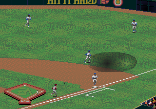 La Russa Baseball 95 (Genesis) screenshot: That shaded area's where the ball is