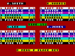Wembley Greyhounds (ZX Spectrum) screenshot: Choose a bookie to bet with